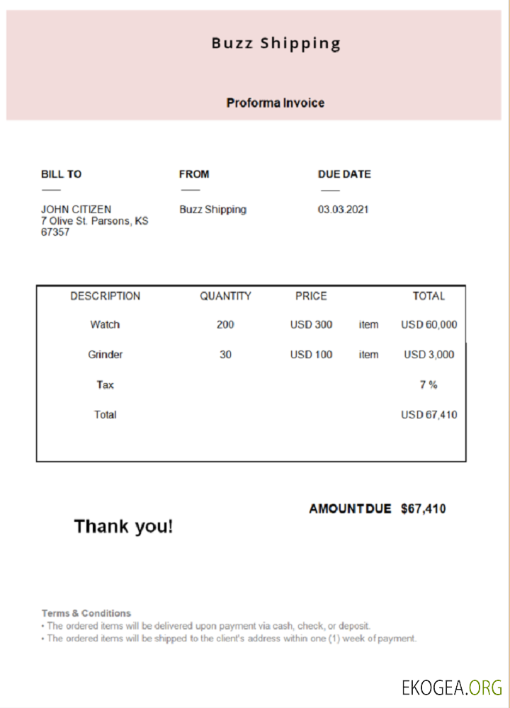 Facture d'expédition USA Buzz